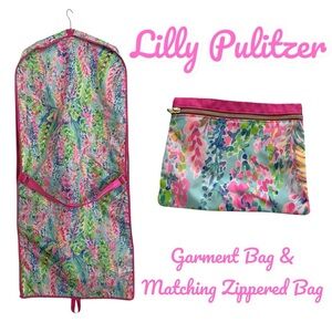 Lilly Pulitzer Garment Bag & Matching Zippered Bag in Pink Catch the Wave Print